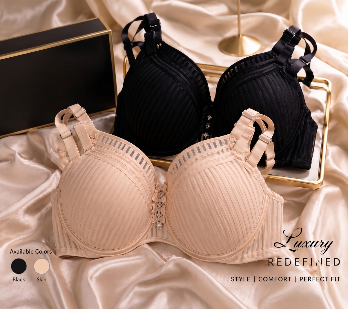 Luxury Full-Coverage Striped Bra with Detachable Straps and Crystal Center Piece - Black & Nude ( PACK OF 2 )