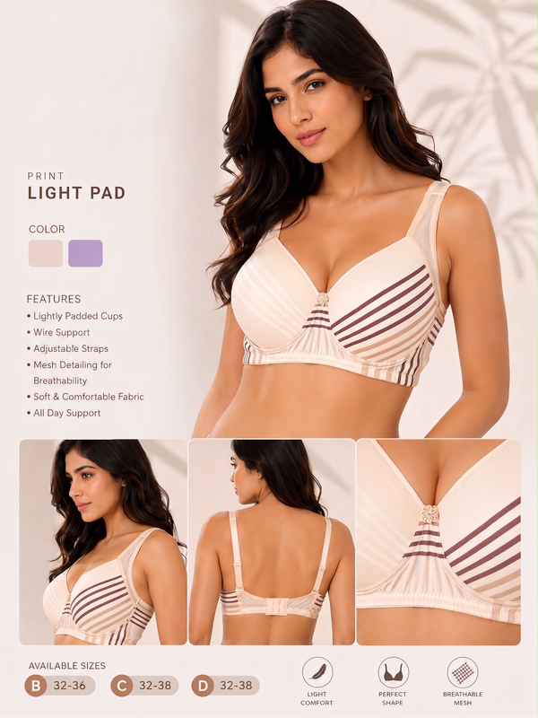 Striped Lightly Padded Underwire Bra with Breathable Mesh Detail (B, C & D Cups)
