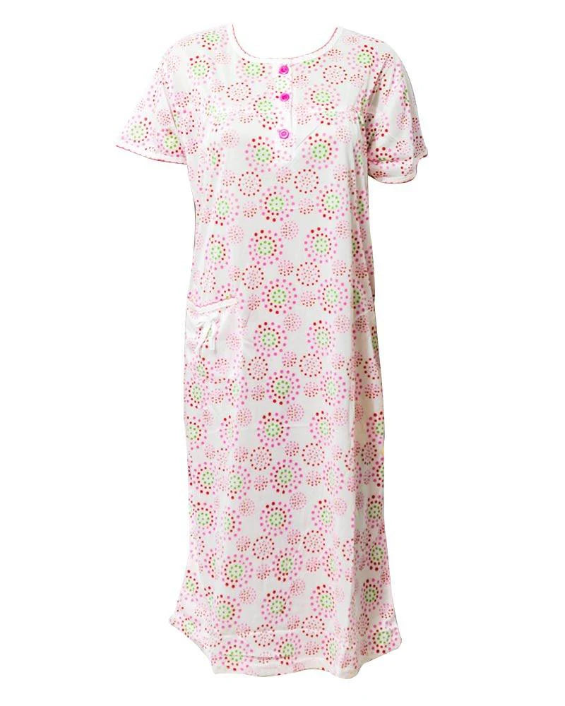 White Long Nighty Printed & Side Pocket Red Shade 4014 - Women Nightdress