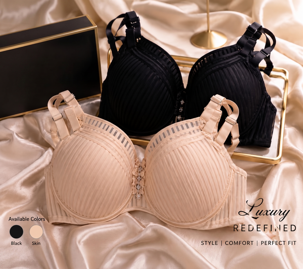 Luxury Full-Coverage Striped Bra with Detachable Straps and Crystal Center Piece - Black & Nude ( PACK OF 2 )