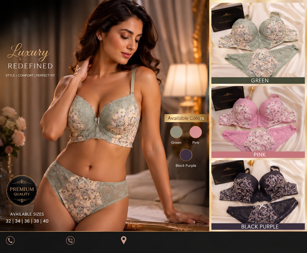 Premium Floral Lace Lingerie Set: High-Waisted Briefs & Full-Cup Bra (Green, Pink, Black Purple)