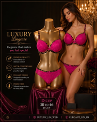 Luxury Hot Pink Lace Lingerie Set with Leopard Print Trim - D-Cup Underwire Bra & Matching Panty