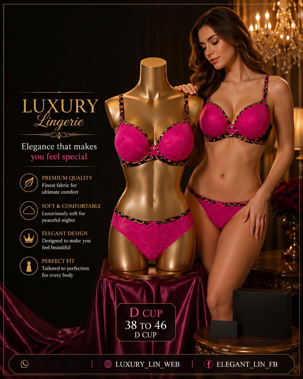 Luxury Hot Pink Lace Lingerie Set with Leopard Print Trim - D-Cup Underwire Bra & Matching Panty