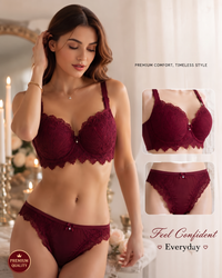 Premium Burgundy Scalloped Floral Lace Lingerie Set - Underwire Bra & Matching Briefs